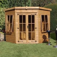 6' x 6' wooden summer house with corner design, large windows, and double doors, set on a grassy lawn.