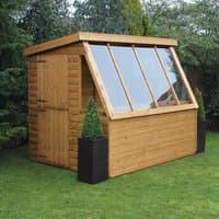 Wooden potting garden shed with gable roof, large slanted windows, and natural finish on green lawn.