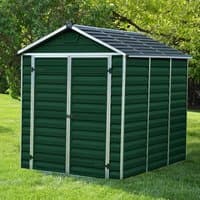 Dark green plastic shed with apex roof, double doors, and silver trim, set on grass with trees in background.