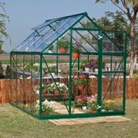 Green Palram Canopia greenhouse with clear polycarbonate panels, pitched roof, and walk-in door, surrounded by plants.