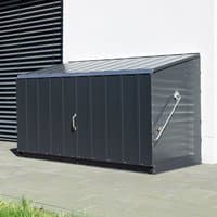 Anthracite metal garden storage shed with sloped roof and side handle, measuring 6'4 x 2'9 by Trimetals.