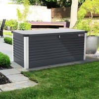 Anthracite metal garden storage box with ribbed sides, flat lid, and silver corner accents on a patio.