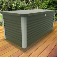 Green metal garden storage box with ribbed sides, gray corner accents, and a flat lid.