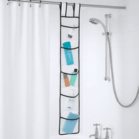 7 Pocket Hanging Mesh Shower Caddy with black trim, holding various toiletries, hanging on a shower rod.