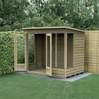 Wooden pent-roof summer house with double doors, large windows, and natural finish, set in a garden.
