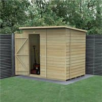Wooden shiplap shed, 7'x5', pressure-treated, windowless, single door, flat roof, natural finish, set in garden corner.