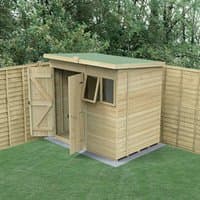 Wooden pent shed with double doors, pressure-treated tongue and groove panels, and a small window, set in a garden.