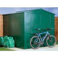 Green metal security shed with peaked roof, double doors, and a bike leaning against it.
