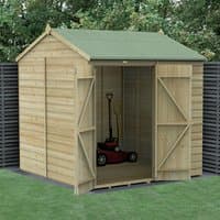 Wooden shed with shiplap cladding, reverse apex roof, double doors open, windowless, green roof, 7' x 7' size.