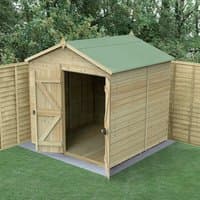 Wooden windowless shed with double doors, green apex roof, tongue and groove panels, set on a concrete base.