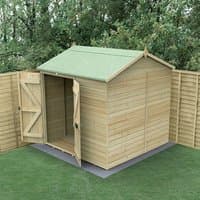 Windowless wooden shed with double doors, reverse apex roof, tongue and groove panels, set on a grass lawn.