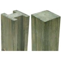 Wooden H slotted fence post, 7'11" tall, 3.7" wide, greenish hue, smooth planed finish, square top and slotted end.