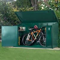 Green Asgard Access Premium Electric Bike Shed with open lid, holding two bikes, helmets, and tools.