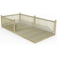 Wooden patio deck kit with slatted railings, rectangular shape, light natural finish, 8' x 16' dimensions.