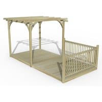 Wooden pergola deck kit with slatted roof, two posts, and railing, measuring 8' x 16' in natural finish.