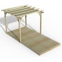 Wooden pergola deck kit with retractable canopy, featuring slatted roof and rectangular platform, in natural finish.