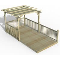 Wooden pergola deck kit with retractable canopy, slatted roof, and railing, measuring 8' x 16' by Forest Garden.