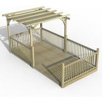 Wooden pergola deck kit with retractable canopy, slatted roof, and railing, measuring 8' x 16' by Forest Garden.