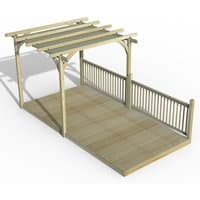 Wooden pergola deck kit with retractable canopy, slatted roof, and railing, measuring 8' x 16' by Forest Garden.