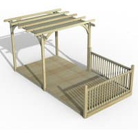 Wooden pergola deck kit with retractable canopy, slatted roof, and railing on one side, measuring 8' x 16'.