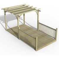 Wooden pergola deck kit with retractable canopy, slatted roof, and railing, measuring 8' x 16' by Forest Garden.