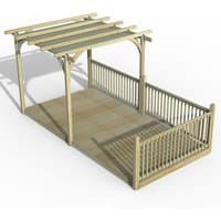 Wooden pergola deck kit with retractable canopy, slatted roof, and railing, measuring 8' x 16' by Forest Garden.