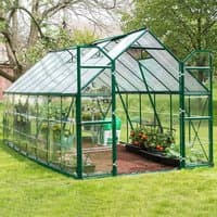 Green Palram Canopia Balance Greenhouse, 8'x16', with clear panels, green frame, and open door on grassy lawn.