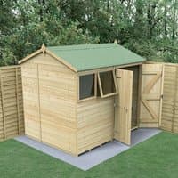 Wooden shed with green roof, double doors, reverse apex design, and window, set on a concrete base in a garden.
