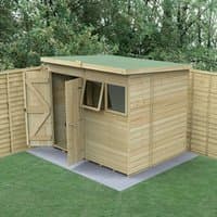 Wooden 8'x6' pent shed with double doors, pressure-treated tongue and groove panels, and a green roof.