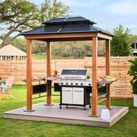 Wood effect BBQ garden gazebo with a black roof, wooden posts, and open sides on a wooden platform.