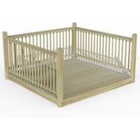 8' x 8' wooden patio deck kit with slatted railings, square shape, light natural finish.