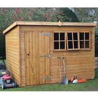 8' x 8' wooden garden shed with shiplap design, pent roof, single door, and three front windows, tools and lawnmower nearby.
