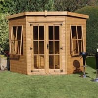 Wooden 8' x 8' Stowe Summer House with double glass doors, side windows, and a pentagonal roof on a grassy lawn.