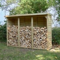 Wooden log store with slanted roof, three open sections, and natural finish, measuring 8'11 x 2'10.