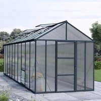 Greenhouse with dark frame, clear panels, and vented roof, 8x20 feet, by Palram Canopia, on a paved surface.