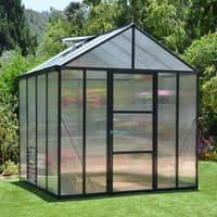 Black-framed 8x8 Palram Canopia Glory Greenhouse with clear polycarbonate panels and a vented roof.