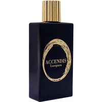 Black rectangular Accendis Lucepura perfume bottle with gold cap and circular gold logo, 100 ml unisex fragrance.
