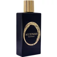Black rectangular perfume bottle with gold cap and circular logo, labeled "Accendis Lucevera Eau de Parfum 100 ml."