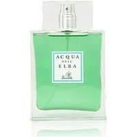 Clear glass bottle with green liquid, Acqua dell'Elba label, silver spray nozzle, unisex woody perfume, 100 ml.