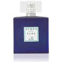 Blue rectangular Acqua dell'Elba perfume bottle with white label and silver spray cap, 100 ml size.
