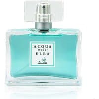 Clear glass bottle with turquoise liquid, silver spray cap, and white label reading "Acqua dell'Elba Classica Eau de Toilette."