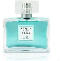Clear glass bottle with turquoise liquid, silver spray cap, and white label reading "Acqua dell'Elba" for women's chypre perfume.