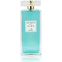 Clear glass bottle with turquoise perfume, white label, and gold-accented cap; Acqua dell'Elba Donna Classica Eau de Parfum.