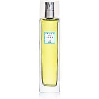 Clear glass bottle of Acqua dell'Elba citrus room spray with silver cap and yellow liquid.