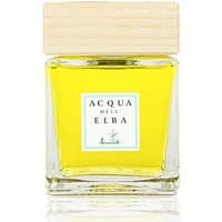 Clear glass bottle with yellow citrus diffuser liquid, wooden cap, and Acqua dell'Elba label.