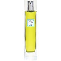 Tall, clear glass bottle of Acqua dell'Elba citrus room spray with silver cap and yellow liquid.