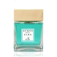Square glass bottle with turquoise liquid, wooden cap, and Acqua dell'Elba label for marine diffuser.