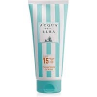 Turquoise and white striped tube of Acqua dell'Elba Suncare Body SPF 15 cream, 200 ml, with logo and text.