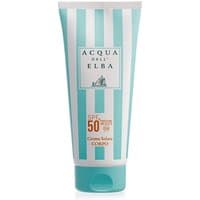Acqua dell'Elba Suncare Body SPF 50+ cream, turquoise and white striped tube, 200 ml, very high protection.