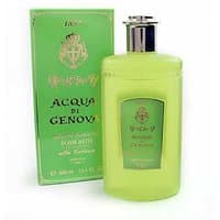 Green Acqua di Genova bath foam bottle with silver cap, next to matching green box with gold crest design.